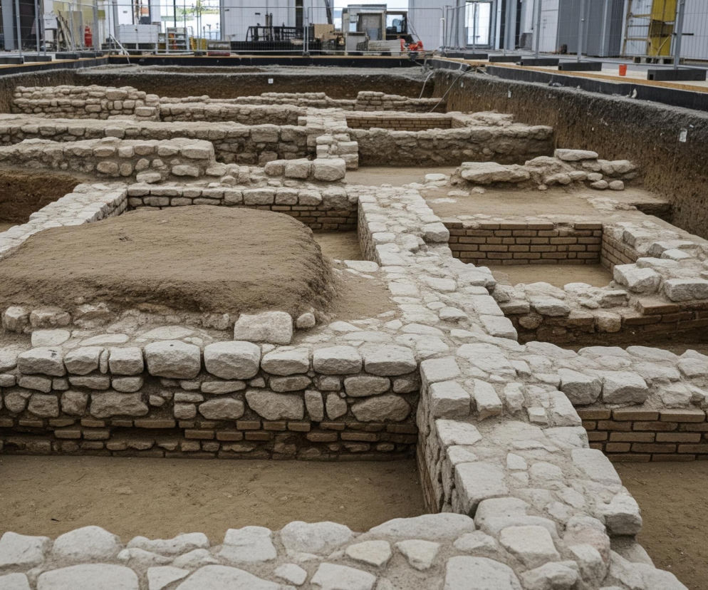 Wykopaliska archeologiczne prezentują pozostałości starożytnych struktur zbudowanych z kamieni i cegieł, ułożonych w regularne kształty, przypominające fundamenty pomieszczeń. Ściany wykonane są głównie z jasnych, nierównych kamieni, między którymi miejscami widać rzędy brązowych, płaskich cegieł. Podłoże wykopu stanowi piasek w odcieniach beżu i jasnego brązu, z kilkoma wyższymi, piaszczystymi kopcami. Cały teren jest otoczony pionowymi ścianami ziemi, a w tle widać współczesną infrastrukturę, taką jak betonowe powierzchnie, metalowe ogrodzenia i budynki o szarych elewacjach.