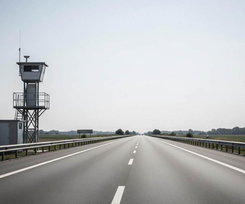 Długi, prosty odcinek asfaltowej drogi biegnie centralnie przez kadr, prowadząc wzrok w głąb obrazu, aż do horyzontu. Po lewej stronie drogi, na trawiastej skarpie, stoi szara wieża obserwacyjna z małą budką na szczycie i anteną, obok niej mniejszy szary budynek. Droga jest otoczona po obu stronach metalowymi barierkami, a za nimi rozciągają się pola uprawne i linia drzew na horyzoncie. Niebo jest jasne, jednolite, w odcieniach bladego błękitu i szarości, dominujące w górnej części kadru.