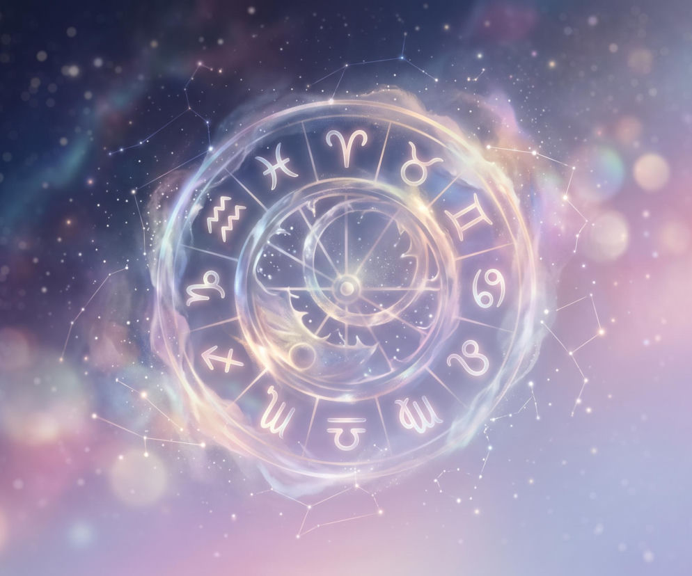 Świecący złoty krąg z dwunastoma znakami zodiaku na tle gwieździstego kosmosu. O horoskopie na dziś przeczytasz na VOX FM.
