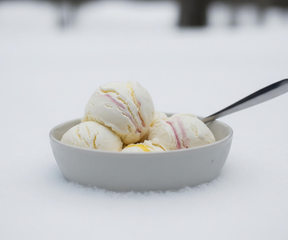 Biała miska wypełniona kilkoma kulkami lodów stoi na równomiernie pokrytej śniegiem powierzchni. Lody są głównie białe, z żółtymi i różowymi smugami widocznymi na kilku kulkach. W misce, między kulkami lodów, leży srebrna łyżeczka. Tło jest rozmyte i jasne, z niewyraźnymi ciemnymi kształtami w górnej części kadru.