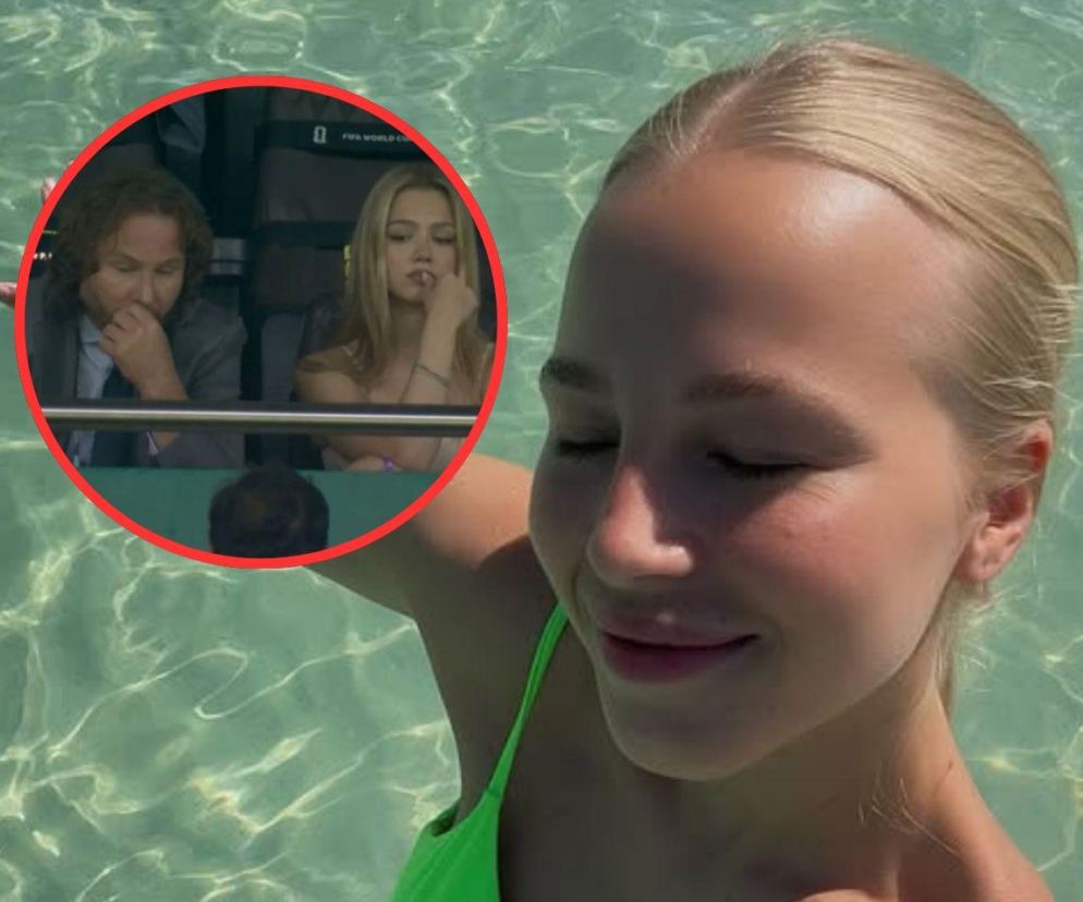 Zestawienie dwóch zdjęć: po prawej Ivana Nedved z zamkniętymi oczami, uśmiechnięta, zanurzona w wodzie, w zielonym bikini. W czerwonym okręgu po lewej: Pavel Nedved w garniturze i jego córka Ivana na trybunach, oglądający mecz. Więcej o córce legendy futbolu przeczytasz na naszym portalu.