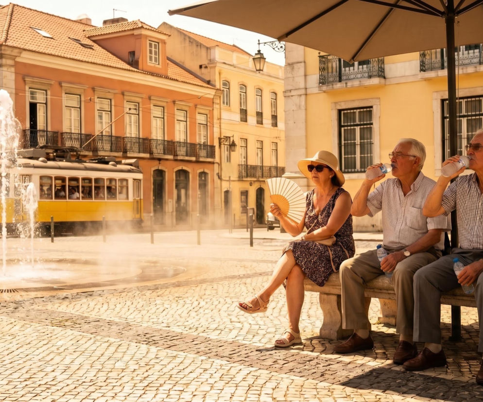 Seniorzy pijący wodę w cieniu parasola w upalny dzień. O fali upałów w Portugalii przeczytasz na Eska.