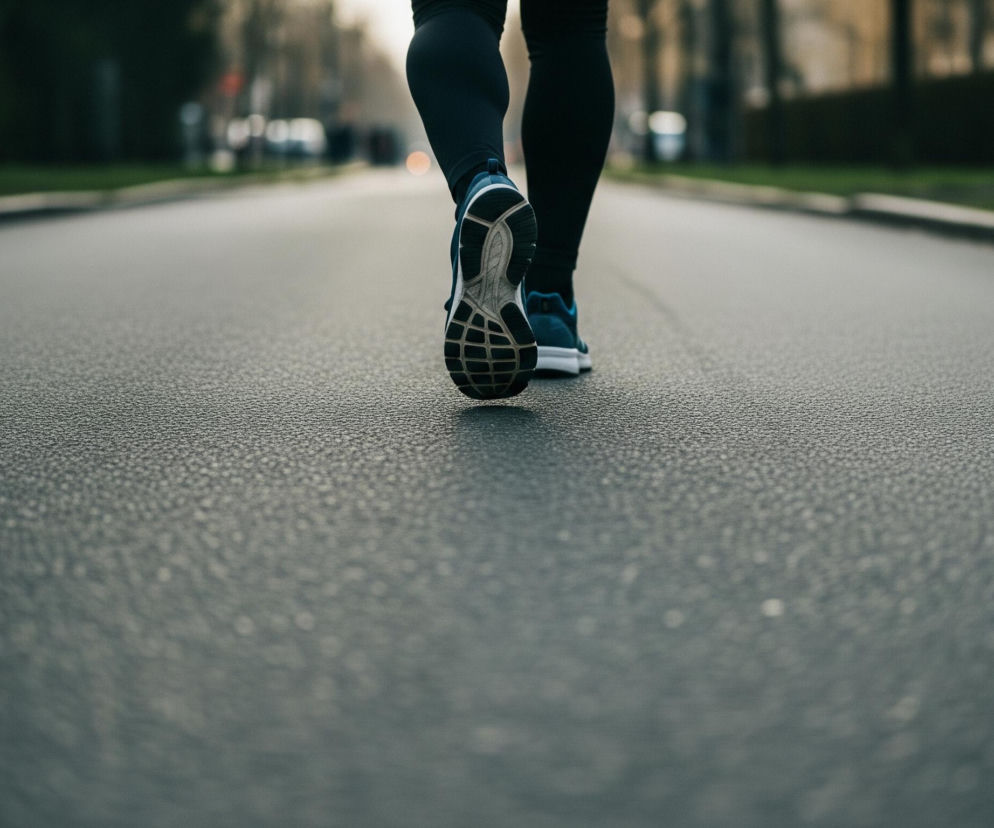 Osoba w czarnych legginsach i niebiesko-białych butach sportowych biegnie po asfaltowej drodze, widoczna od kolan w dół, od tyłu. Lewa stopa, z podeszwą skierowaną do widza, jest w powietrzu, podczas gdy prawa dotyka nawierzchni. Droga, lekko ziarnista i ciemnoszara, rozciąga się w głąb obrazu, gdzie staje się jaśniejsza i rozmyta. Po obu stronach drogi widoczne są zielone trawniki oddzielone jasnoszarym krawężnikiem, a za nimi ciemne, rozmazane drzewa i krzewy.