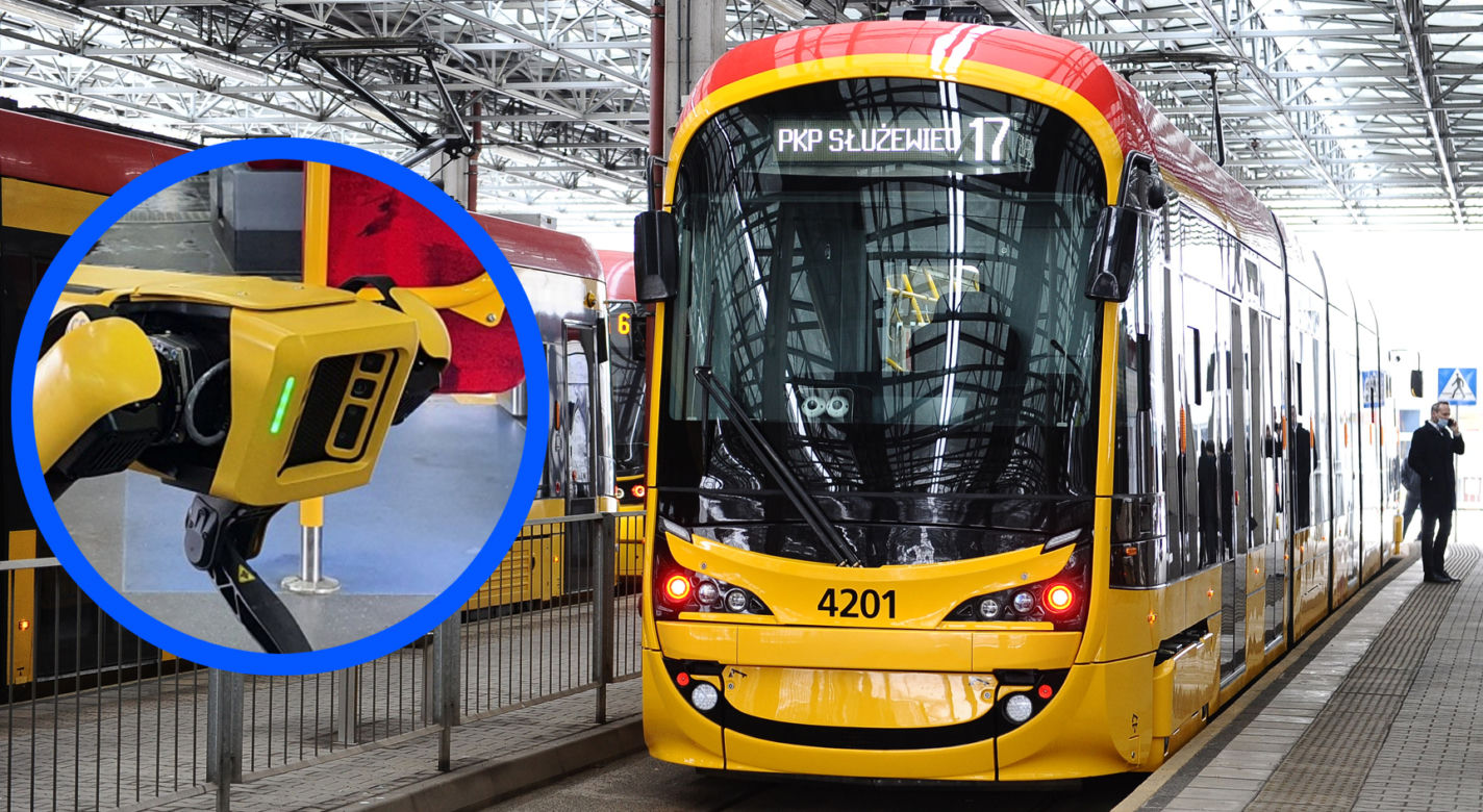 Pies-robot odwiedził tramwajarzy. Niecodzienny gość w zajezdni na Bielanach