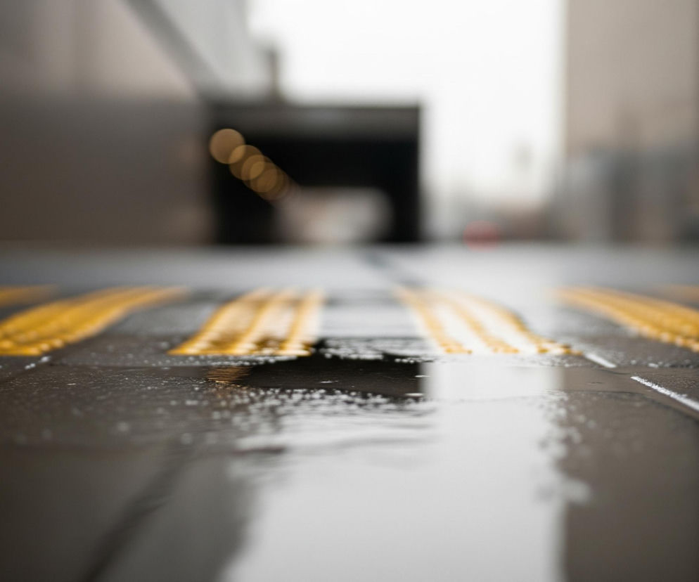 Mokry, ciemny chodnik z żółtymi pasami, prawdopodobnie taktylnymi, rozciąga się od dołu obrazu w kierunku centrum. Na jego powierzchni widoczne są liczne krople wody i kałuże, odbijające światło i tworzące świetliste refleksy. W oddali, w rozmazanym tle, widać kilka okrągłych, bursztynowych świateł bokeh, sugerujących oświetlenie tunelu lub przejścia pod budynkiem.