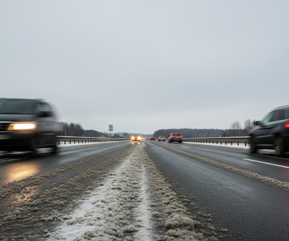 Dwie ciemne samochody jadą w przeciwnych kierunkach po wielopasmowej autostradzie w szary, pochmurny dzień. Lewy samochód ma włączone jasne, żółte światła przednie, a prawy ma włączone czerwone światła tylne; oba są rozmyte, co sugeruje ruch. Pomiędzy pasami ruchu i na poboczu autostrady, widać zaspy brudnego, białego śniegu i lodu, podczas gdy nawierzchnia drogi jest mokra i ciemnoszara. W tle po obu stronach drogi rozciąga się ciemny las z bezlistnymi drzewami.