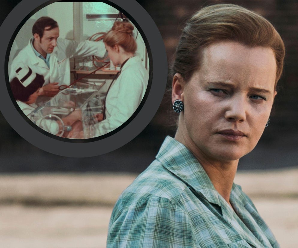 Joanna Kulig w roli dr Jolanty Wadowskiej-Król z serialu Ołowiane dzieci, przedstawiona w zbliżeniu na twarz, z poważnym wyrazem. W tle okrągłe ujęcie z dokumentu Doktórka, ukazujące personel medyczny opiekujący się dziećmi. Dowiedz się więcej o Ołowianych dzieciach na Super Seriale.