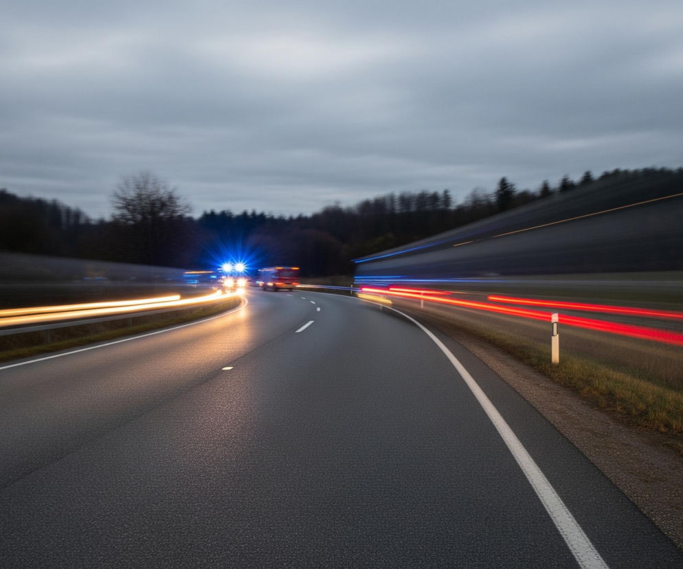 Na zdjęciu widoczna jest zakrzywiona droga asfaltowa o zmierzchu, z efektem rozmycia ruchu światłem. Na środku drogi w oddali znajduje się pojazd uprzywilejowany z włączonymi, jasnoniebieskimi światłami sygnalizacyjnymi oraz pomarańczowymi światłami pozycyjnymi, za nim widać kilka innych pojazdów. Po lewej stronie drogi biegną rozmyte, poziome smugi pomarańczowego światła od reflektorów nadjeżdżających samochodów, a po prawej stronie drogi widoczne są intensywne, czerwone smugi świateł tylnych pojazdów odjeżdżających. Obie strony drogi otacza ciemny las i trawiaste pobocza. Niebo jest pochmurne, w szaro-granatowych odcieniach, a na poboczu widoczny jest jeden biało-czerwony słupek drogowy.