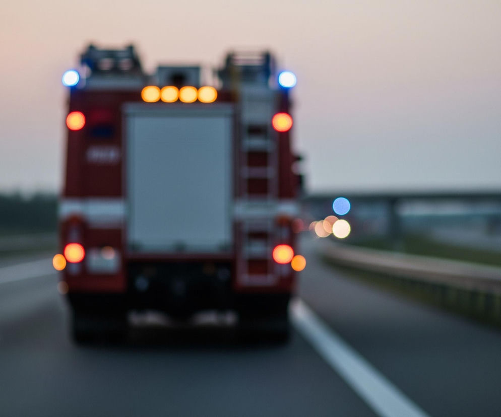 Na pierwszym planie, centralnie, widać tył czerwonego pojazdu przypominającego ciężarówkę lub wóz strażacki, rozmytego i nieostrego. Pojazd ma włączone jasne, okrągłe światła: dwa pomarańczowe na górze i jedno czerwone po lewej stronie, a także dwa okrągłe, niebieskie światła sygnałowe, po jednym na każdym rogu dachu. Pomiędzy pomarańczowymi światłami znajduje się biała, prostokątna powierzchnia.

Pojazd jedzie po ciemnej, asfaltowej drodze z białymi, rozmytymi liniami pasa ruchu. W tle, po prawej stronie drogi, widać metalową barierę ochronną, a dalej, nad horyzontem, widoczna jest niewyraźna konstrukcja wiaduktu z rozmazanymi światłami. Całe tło, w tym jasne niebo, jest mocno rozmyte, z widocznymi odcieniami szarości i delikatnego różu, a po lewej stronie horyzontu zarysowują się ciemne sylwetki drzew lub zabudowań.