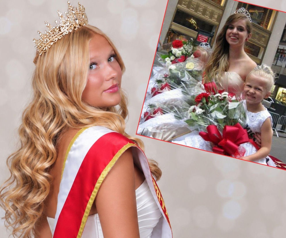 Miss Polonia ZPA 2026 Nicole Kolek w koronie. Obok na miniaturze jako dziecko z bukietem kwiatów na SE USA.