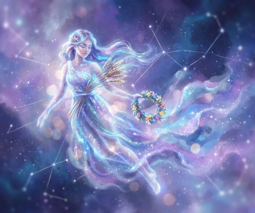 Kobieta z powiewającymi włosami i suknią, symbolizująca znak zodiaku Panna, wznosi się w kosmicznej przestrzeni pełnej gwiazd i konstelacji. W jednej dłoni trzyma bukiet zboża, a w drugiej wieniec z kolorowych kwiatów. Więcej o horoskopie Panny na naszym portalu.
