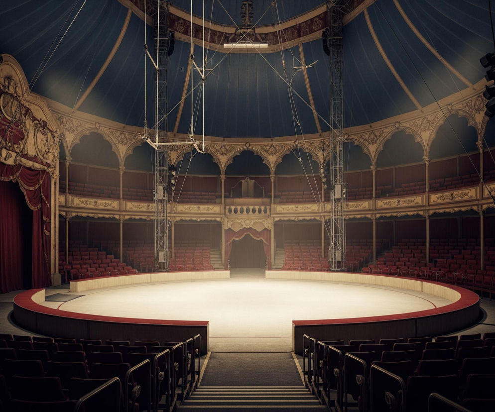 Centralnie położona jest okrągła, jasna arena z białym podłożem, otoczona niską ścianką wyłożoną ciemnoczerwonym aksamitem. Wokół areny rozmieszczone są rzędy pustych, ciemnoczerwonych siedzeń, tworzące widownię na kilku poziomach, z balustradami i arkadowymi zdobieniami w odcieniach beżu i złota. Nad sceną rozciąga się ciemnoniebieski, kopulasty sufit namiotu, z jaśniejszymi panelami i metalowymi konstrukcjami oraz wiszącymi trapezami i sprzętem oświetleniowym. Po lewej stronie widoczne są ciężkie, marszczone czerwone zasłony, a z przodu, w dolnej części obrazu, ciemne rzędy krzeseł dla publiczności.