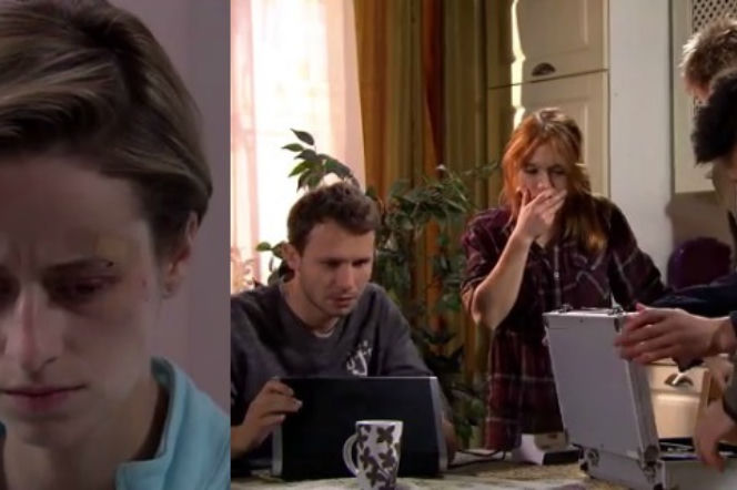 Pierwsza miłość po wakacjach 2015 odc. 2119. Radek (Mateusz Banasiuk), Mikser (Błażej Michalski), Daria (Andżelika Kujawiak), Sabina (Urszula Dębska)