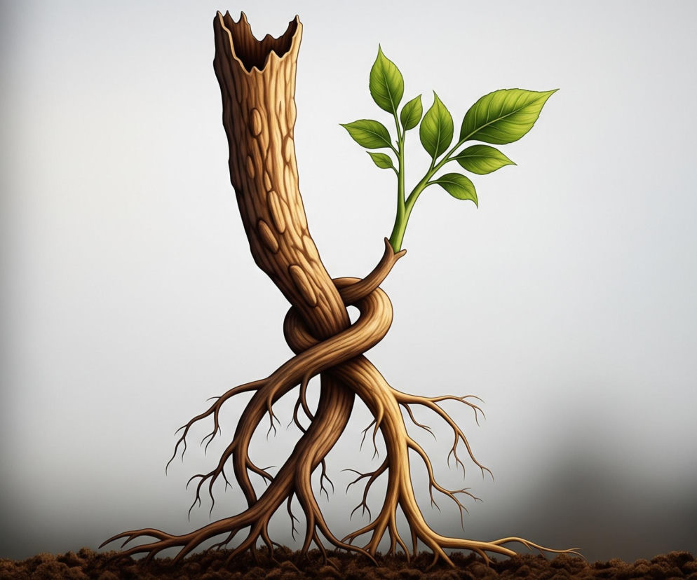 Na pierwszym planie, centralnie, wyrasta ze stosu ciemnobrązowej ziemi stylizowany pień drzewa o chropowatej, jasnobrązowej korze z ciemniejszymi detalami i widocznymi słojami. Pień jest gruby i rozgałęzia się na liczne, cienkie korzenie rozchodzące się na boki. W środkowej części pień tworzy ciasny, ozdobny supeł, a z niego wyrasta młoda, zielona gałązka z siedmioma liśćmi o wyraźnym unerwieniu, stopniowo jaśniejącymi ku brzegom. Górna część pnia jest ucięta i postrzępiona, sprawiając wrażenie pustej w środku. Całość kompozycji osadzona jest na rozmytym tle, które przechodzi od ciemnego brązu u dołu do jasnej szarości u góry.