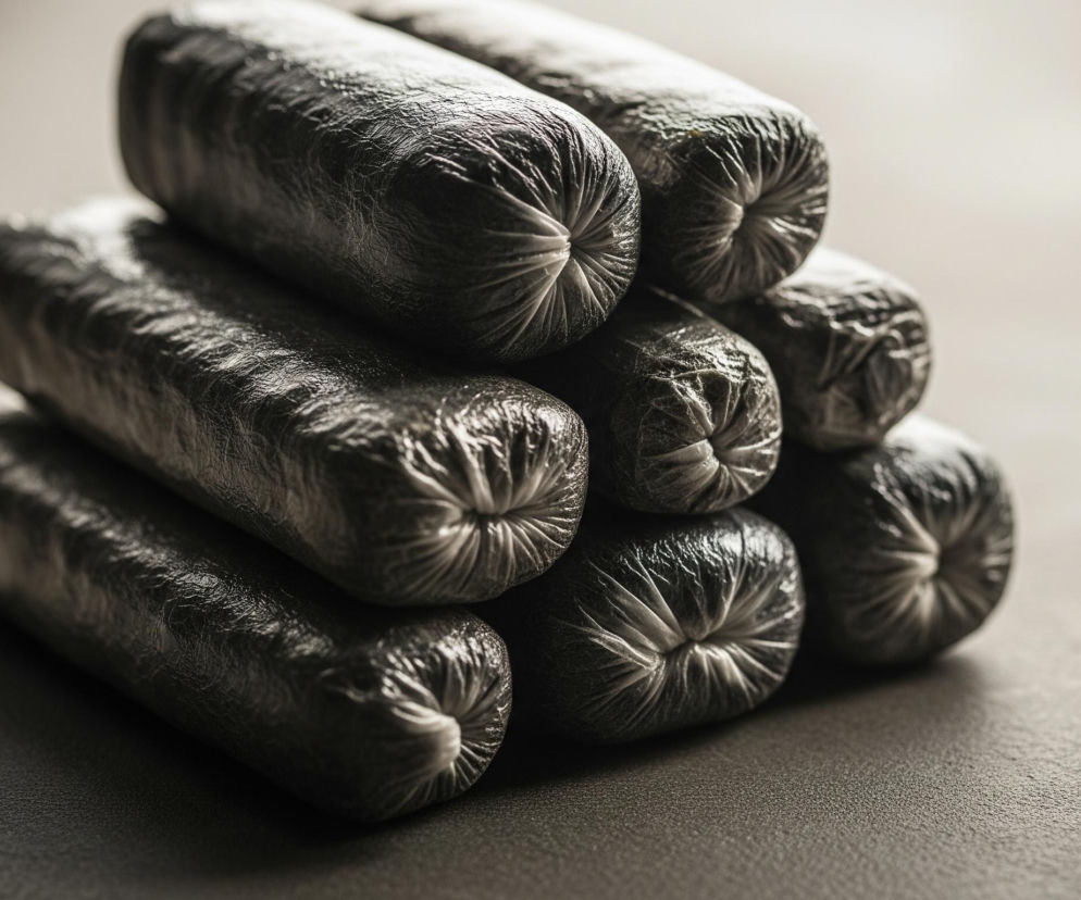 Piramidę złożoną z ośmiu podłużnych obiektów o ciemnoszarej barwie, ułożonych na matowej powierzchni w podobnym kolorze. Każdy obiekt jest owinięty materiałem o pofałdowanej fakturze, przypominającej pomarszczoną skórę lub plastik, z widocznymi błyszczącymi refleksami światła na wypukłościach. Końce każdego z nich są ściśnięte i mocno pofałdowane, tworząc charakterystyczne, promieniście ułożone fałdy, przypominające kwiat lub złożoną tkaninę. Obiekty są ułożone w stos, tworząc trójwarstwową konstrukcję: cztery na dole, trzy w środku i jeden na szczycie. Tło jest jasne, rozmyte i jednorodne, skupiając uwagę na głównych elementach kompozycji.