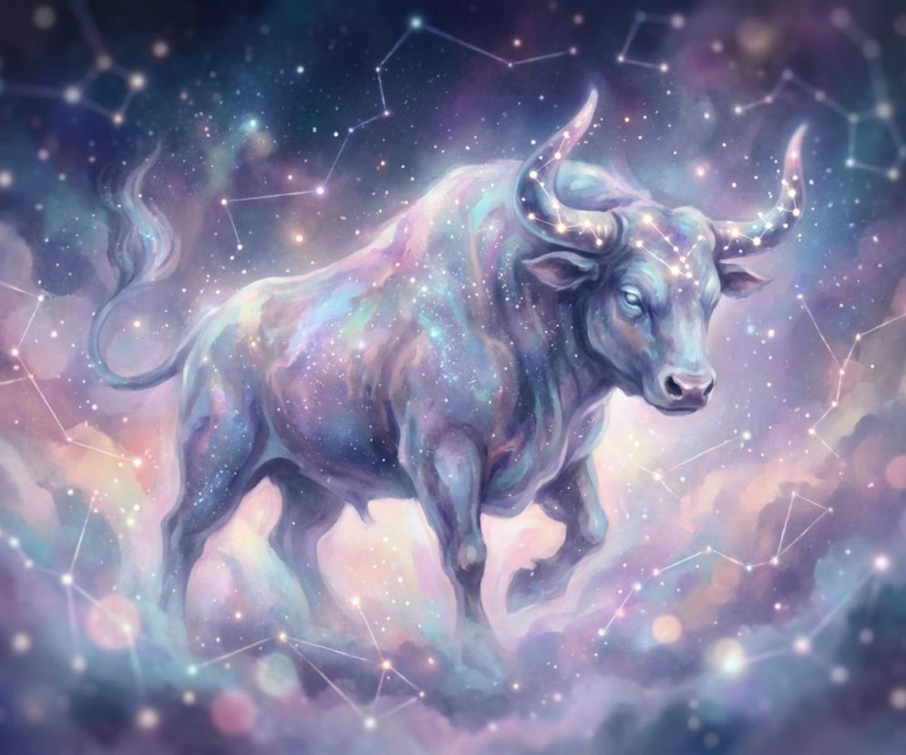 Mityczny byk znak zodiaku w odcieniach fioletu i błękitu, rozświetlony konstelacjami gwiazd na tle kosmicznej mgławicy. Grafika ilustruje horoskop dzienny dla Byka, o czym możesz przeczytać na naszym portalu.