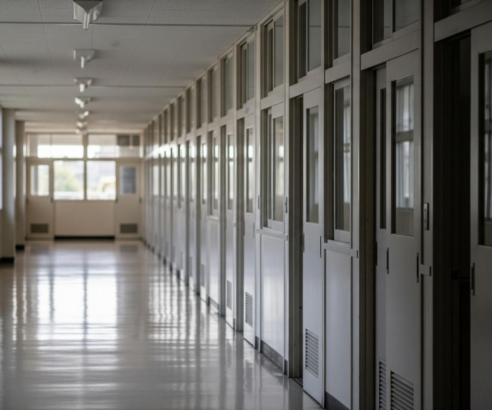 Długi, pusty korytarz rozciąga się w głąb obrazu, znikając w jasnej plamie światła na jego końcu. Po lewej stronie ciągnie się rząd dużych, prostokątnych okien, wpuszczających do wnętrza światło, które odbija się od błyszczącej, jasnoszarej podłogi. Po prawej stronie znajdują się liczne, identyczne drzwi z prostokątnymi przeszkleniami w górnej części oraz kratkami wentylacyjnymi u dołu, tworząc rytmiczny wzór wzdłuż ściany. Sufit jest kasetonowy, a na nim rozmieszczone są pojedyncze, prostokątne oprawy oświetleniowe, rzucające dodatkowe światło na korytarz.