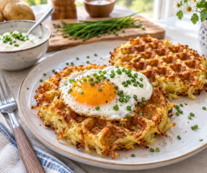 Rösti waffle, czyli ziemniaczany placek z gofrownicy. Rumieni się z dwóch stron naraz