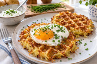 Rösti waffle, czyli ziemniaczany placek z gofrownicy. Rumieni się z dwóch stron naraz