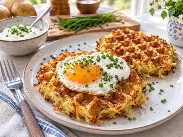 Rösti waffle, czyli ziemniaczany placek z gofrownicy. Rumieni się z dwóch stron naraz