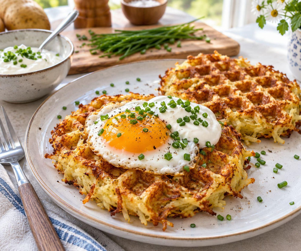 Rösti waffle, czyli ziemniaczany placek z gofrownicy. Rumieni się z dwóch stron naraz