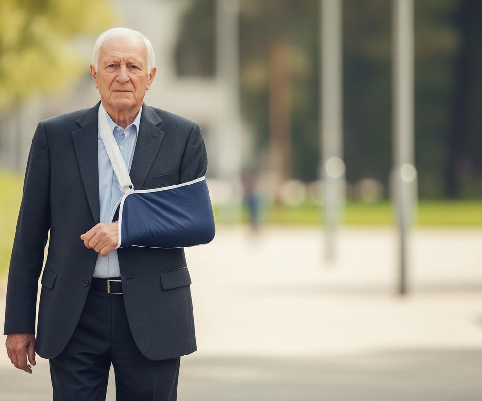 Starszy mężczyzna o siwych włosach stoi na zewnątrz, patrząc prosto przed siebie. Jest ubrany w ciemnoszary garnitur i jasnoniebieską koszulę, a jego lewe ramię podtrzymuje granatowy temblak z białym paskiem. Tło jest rozmyte, ukazując zieleń drzew i elementy miejskiego krajobrazu, takie jak słupy oświetleniowe i ławka po prawej stronie.