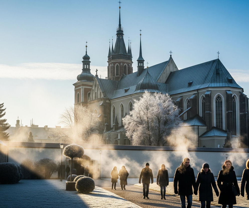 W centrum obrazu znajduje się gotycka katedra z wieloma szpiczastymi wieżami, pokryta szarymi dachami i częściowo przysypana śniegiem. Na pierwszym planie, z lewej strony, widać niski, kamienny mur obrośnięty szronem, a po prawej stronie tego muru, na lekko krętej ścieżce, idzie grupa ludzi ubranych w zimowe płaszcze i kurtki. Słońce świeci z lewej strony, tworząc długie cienie i rozświetlając parującą mgiełkę unoszącą się z ziemi oraz z oddechu idących osób. Drzewa i krzewy wokół katedry są pokryte gęstym szronem, a trawa i ścieżka na pierwszym planie również lśnią od mrozu.