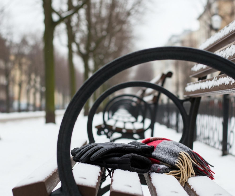 Czarne rękawiczki i czerwono-szary szalik leżą na zaśnieżonej ławce w parku miejskim, symbolizując zimową aurę i potencjalne wyzwania związane z mrozem, o których można przeczytać na portalu Super Biznes.