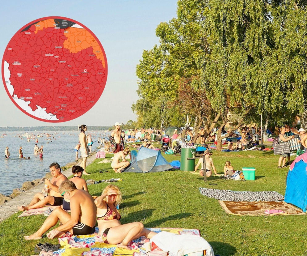 Ludzie wypoczywający nad wodą podczas upału, w tle mapa IMGW z czerwonymi alertami pogodowymi obejmującymi niemal całą Polskę. Więcej o prognozowanych, ekstremalnych temperaturach i ostrzeżeniach dla 14 województw przeczytasz na naszym portalu.