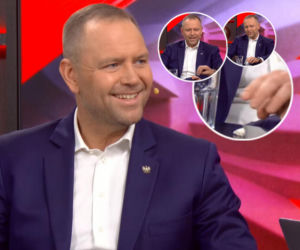 Niebywałe sceny w czasie wywiadu z Nawrockim! Nagle dziennikarz zanurkował pod stół 