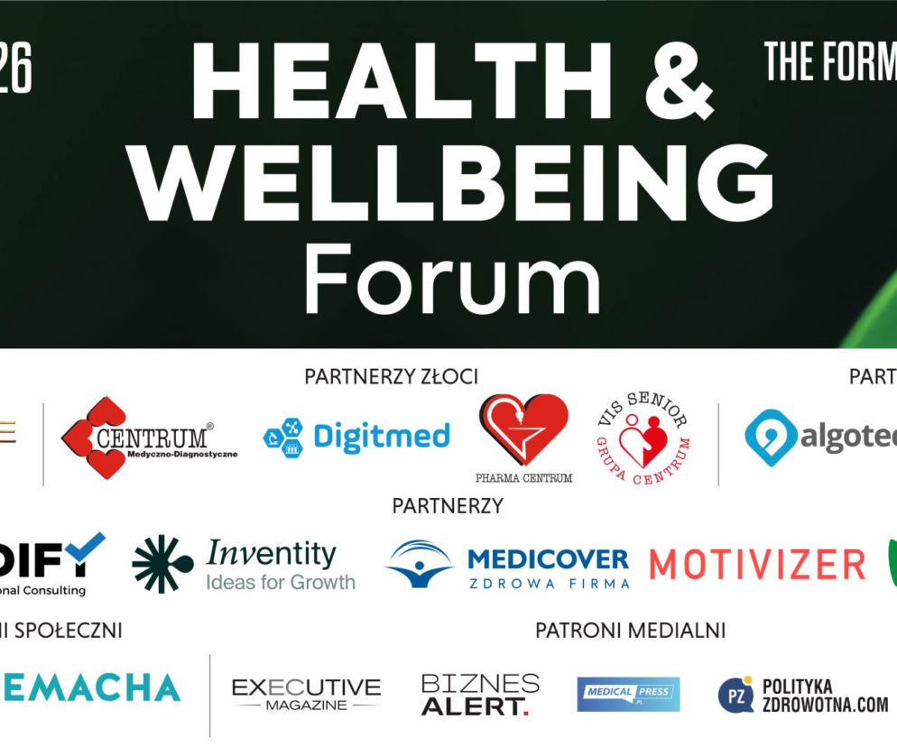 Plakat promujący Health&Wellbeing Forum w Warszawie 15 kwietnia 2026 roku, z listą organizatorów, partnerów i patronów, w tym portalu Poradnik Zdrowie, podkreślający znaczenie zdrowia w kontekście zawodowym.