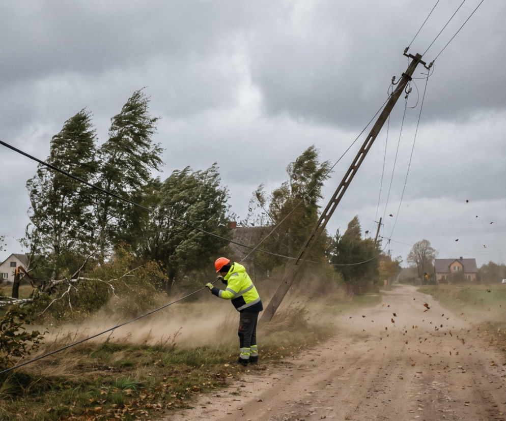 Energetyk naprawia zerwaną linię przy pochylonym słupie po wichurze. O awariach w Podlaskiem przeczytasz w Eskice.