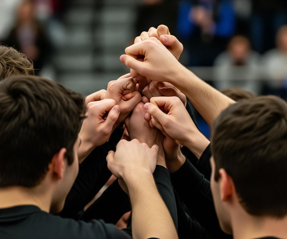 Grupa osób w sportowych strojach tworzy krąg, z dłońmi złączonymi w centrum kadru, tworząc stos zaciśniętych pięści. Wszyscy mają na sobie ciemne koszulki, a ich włosy są w odcieniach brązu, od jasnego po ciemny. Tło jest rozmazane, z widocznymi niewyraźnymi sylwetkami ludzi oraz jasnymi i ciemnymi plamami, co sugeruje publiczność lub inne elementy areny.