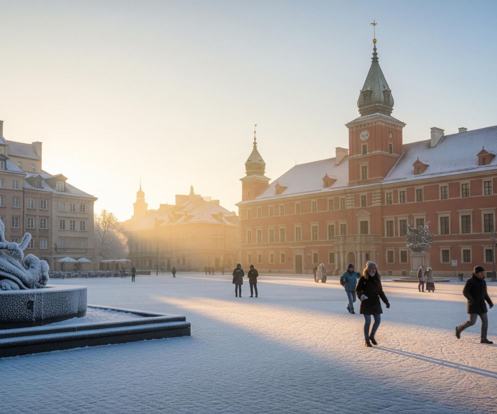 Zasypany śniegiem plac miejski rozciąga się w zimowy, słoneczny dzień, a na pierwszym planie po lewej stronie znajduje się pomnik kobiety z elementami morskimi, pokryty grubą warstwą szronu. Po prawej stronie widać duży, wielopiętrowy budynek w odcieniach czerwieni i brązu z zielonymi dachami i spiczastymi wieżami, również pokrytymi śniegiem. Cały plac jest zasypany śniegiem i rozświetlony promieniami słońca padającymi zza budynków w tle, tworzącymi długie cienie ludzi i obiektów. Po placu, wśród złotego światła i błękitnych cieni, spaceruje kilka osób, niektóre z nich są wyraźnie widoczne w ciemnych zimowych ubraniach.
