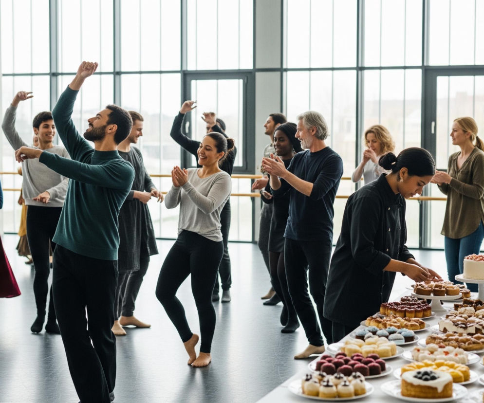 Grupa ludzi, zarówno mężczyzn, jak i kobiet, w różnym wieku, tańczy w dużej, jasnej sali z przeszklonymi ścianami. Wiele osób ma uniesione ręce i uśmiecha się, niektórzy klaszczą, a część jest boso lub w skarpetkach. Po prawej stronie, na długim białym stole, ułożono mnóstwo małych ciast i ciasteczek na talerzach, a dwie kobiety w strojach roboczych i jedna w codziennym ubraniu stoją przy stole i coś przygotowują.