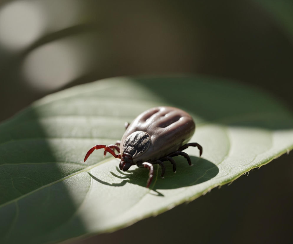 Duży, brązowy kleszcz, o wydłużonym ciele z wyraźnymi bruzdami na grzbiecie, znajduje się w centrum kadru na zielonym liściu. Jego głowa i pierwsza para odnóży są ciemniejsze, z rudobrązowymi, zagiętymi do przodu szczypcami, natomiast reszta ośmiu nóg jest czarna. Na tle rozmytego, ciemnozielonego tła z jaśniejszymi plamami światła, liść jest ostro oświetlony, a cień kleszcza pada na jego powierzchnię.