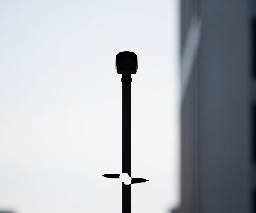 Na zdjęciu dominuje czarny, pionowy słup z urządzeniem na szczycie. Urządzenie to, również czarne i przypominające kamerę lub czujnik, posiada okrągły element w centralnej części, a jego górna część jest lekko zaokrąglona. W dolnej partii słupa widoczne są dwa symetryczne, czarne kształty przypominające skrzydła lub ramiona, wyraźnie odcinające się od jasnego tła. Tło stanowią rozmyte, pionowe fasady budynków w odcieniach szarości i bieli, umieszczone po lewej i prawej stronie, z jasnym, prawie białym niebem pomiędzy nimi.