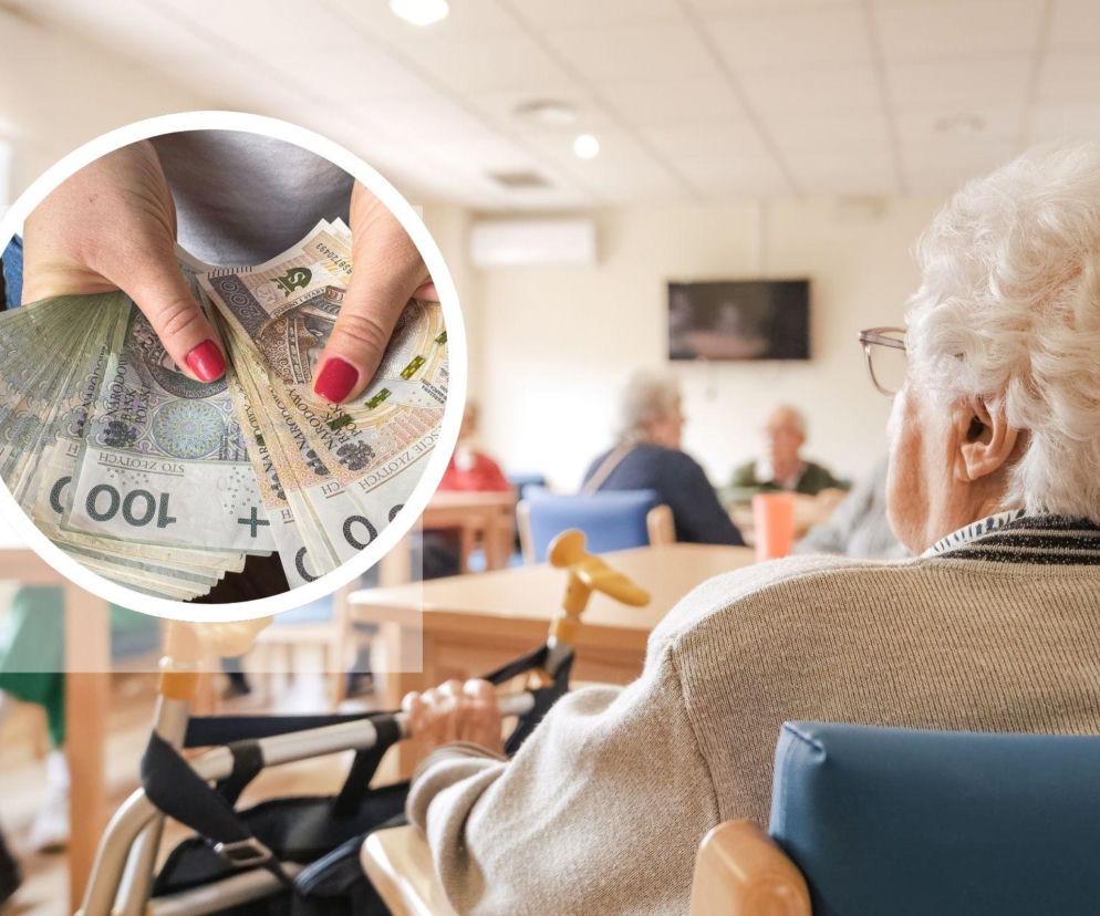Seniorka siedząca tyłem w domu pomocy społecznej, z chodzikiem obok. W okręgu widoczne ręce trzymające plik banknotów, symbolizujące koszty pobytu. Temat zmian w finansowaniu DPS i ich wpływ na osoby, które przejęły nieruchomości od seniorów, dostępny na Super Biznes.
