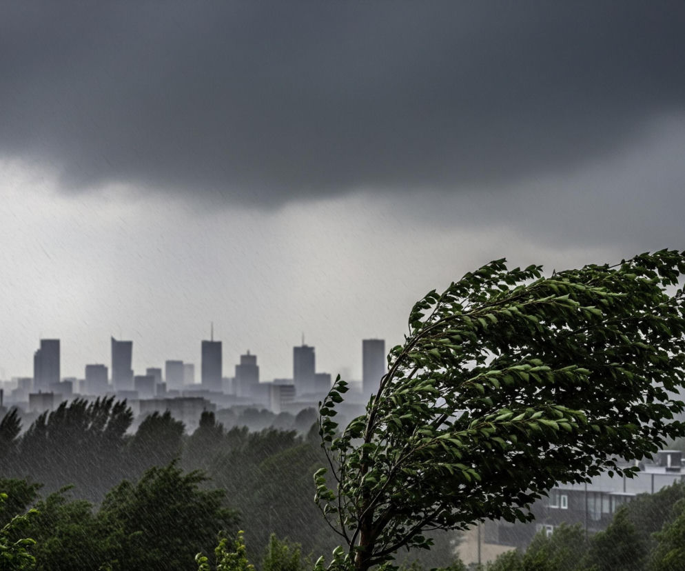 Na pierwszym planie, po prawej stronie, dominuje drzewo z intensywnie zielonymi liśćmi, które są wyraźnie wygięte i rozwiane w lewą stronę, co wskazuje na silny wiatr. Deszczowe smugi są widoczne w powietrzu, szczególnie w górnej części kadru i nad horyzontem. W tle, na środku obrazu, rysują się sylwetki licznych, prostokątnych budynków o ciemnoszarych barwach, sprawiających wrażenie wysokościowców, które zlewają się z mglistym, deszczowym tłem. Górna część obrazu to jednolicie ciemnoszare, pochmurne niebo, które stopniowo jaśnieje ku dołowi, przechodząc w jaśniejszą szarość deszczu nad miastem.