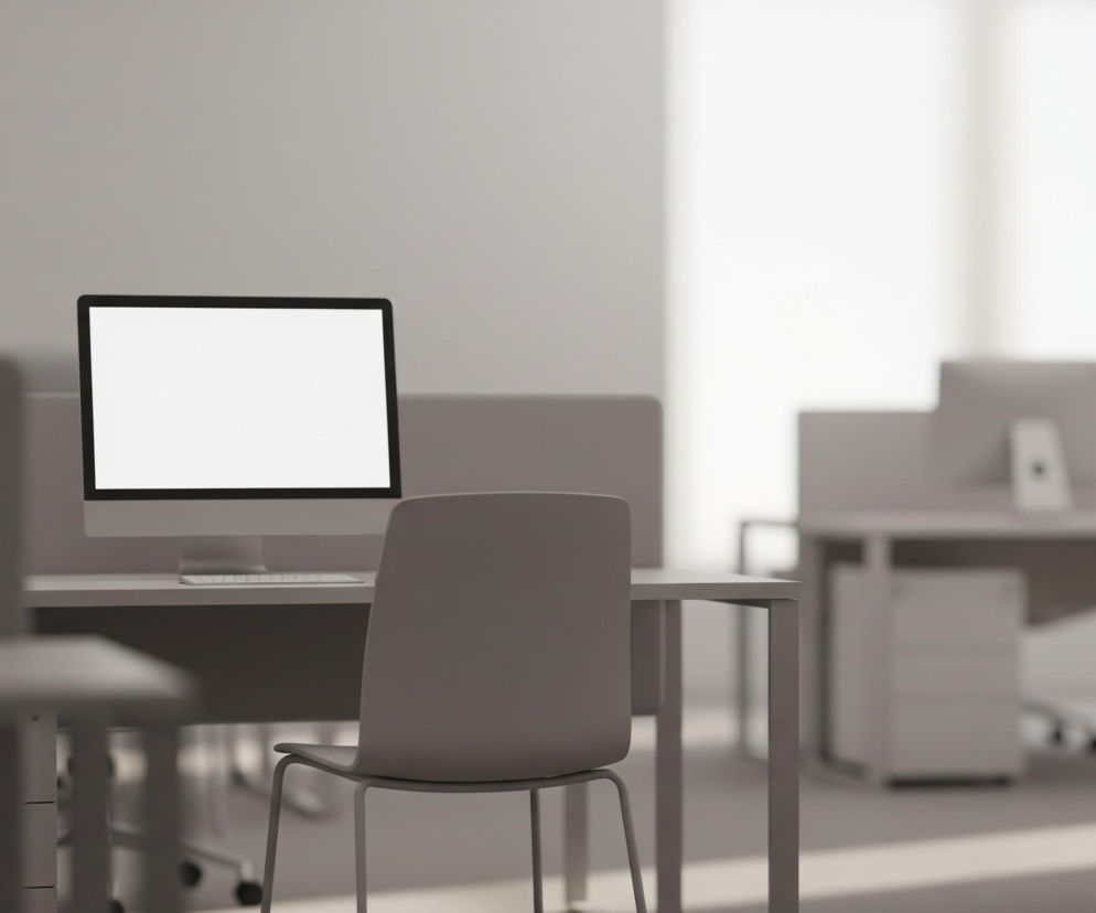 Centralnie umieszczony jest szary monitor komputera z pustym, białym ekranem, stojący na prostym, jasnoszarym biurku. Przed biurkiem znajduje się dopasowane, szare krzesło z czterema nogami, zwrócone tyłem do obserwatora. W tle widać rzędy identycznych stanowisk pracy z monitorami i krzesłami, tworzących otwartą przestrzeń biurową. Całość utrzymana jest w jasnej, monochromatycznej tonacji szarości i bieli, z rozproszonym światłem wpadającym z prawej strony, gdzie widoczne są duże okna.