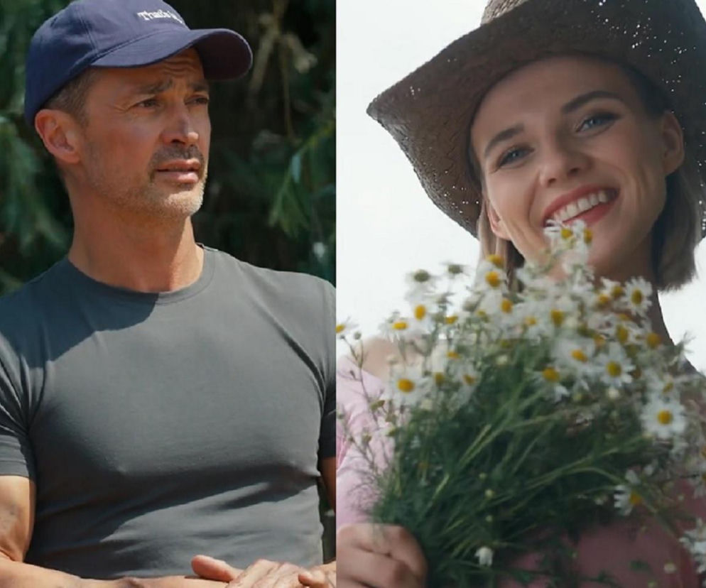 Rafał Cieszyński jako Mariusz w granatowej czapce i szarej koszulce oraz Oliwia Drożdżyk jako Janka w słomkowym kapeluszu, uśmiechnięta z bukietem rumianków. Zdjęcie ilustruje sceny z serialu Barwy szczęścia i jest dostępne na portalu Super Seriale.