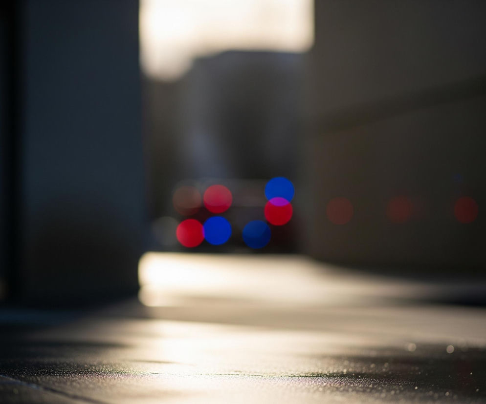 Na pierwszym planie widoczna jest ciemna, mokra nawierzchnia pokryta licznymi drobnymi kroplami wody, odbijającymi światło. W głębi, pośrodku kadru, rozciąga się jasny pas światła, prawdopodobnie odbijający się od mokrej powierzchni. Za tym pasem światła, w oddali, znajdują się rozmyte kształty budynków w szarych i ciemnych odcieniach, z wyraźnie widocznymi czerwonymi i niebieskimi punktami świetlnymi, które przypominają światła awaryjne.