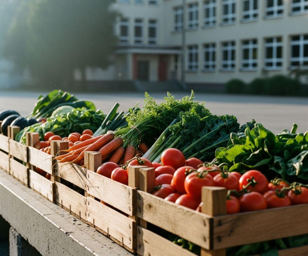 Drewniane skrzynki pełne świeżych, ekologicznych warzyw: pomidorów, marchwi i zielonych liści, ustawione na tle budynku szkoły. Zdjęcie ilustruje rosnący rynek BIO w Polsce, o czym można przeczytać na Super Biznes.
