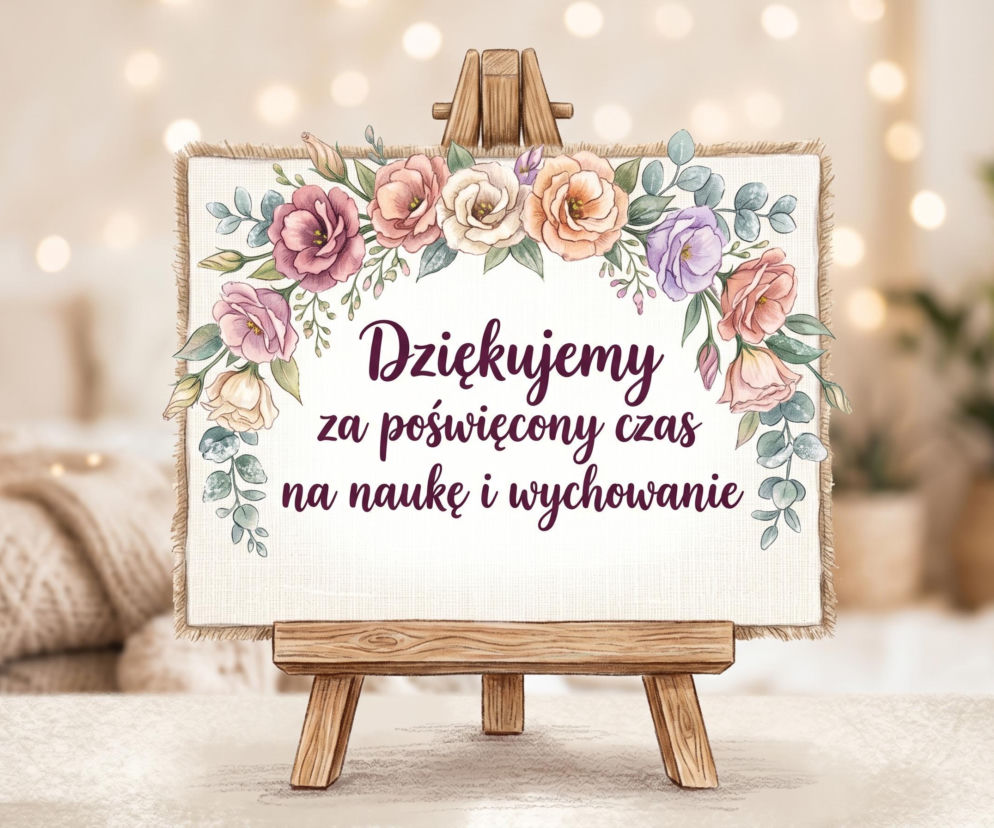 Kartka z życzeniami dla nauczycieli na koniec roku szkolnego z napisem Dziękujemy za poświęcony czas na naukę i wychowanie w otoczeniu pastelowych kwiatów na sztalugach. Artykuł o darmowych grafikach z życzeniami przeczytasz na naszym portalu.