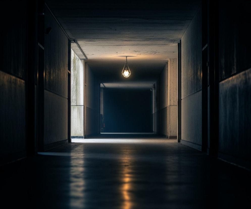 Długi, ciemny korytarz rozciąga się w głąb obrazu, znikając w oddali w punkcie światła. Na suficie, mniej więcej w jednej trzeciej długości od początku, wisi pojedyncza, świecąca żarówka w kloszu, rzucając jasne, ciepłe światło w dół i częściowo na ściany oraz podłogę. Ściany po obu stronach są szorstkie, betonowe lub tynkowane, z ciemnymi pasami biegnącymi wzdłuż dolnej części, a podłoga, wykonana z błyszczącego materiału, odbija światło żarówki i odległego końca korytarza.