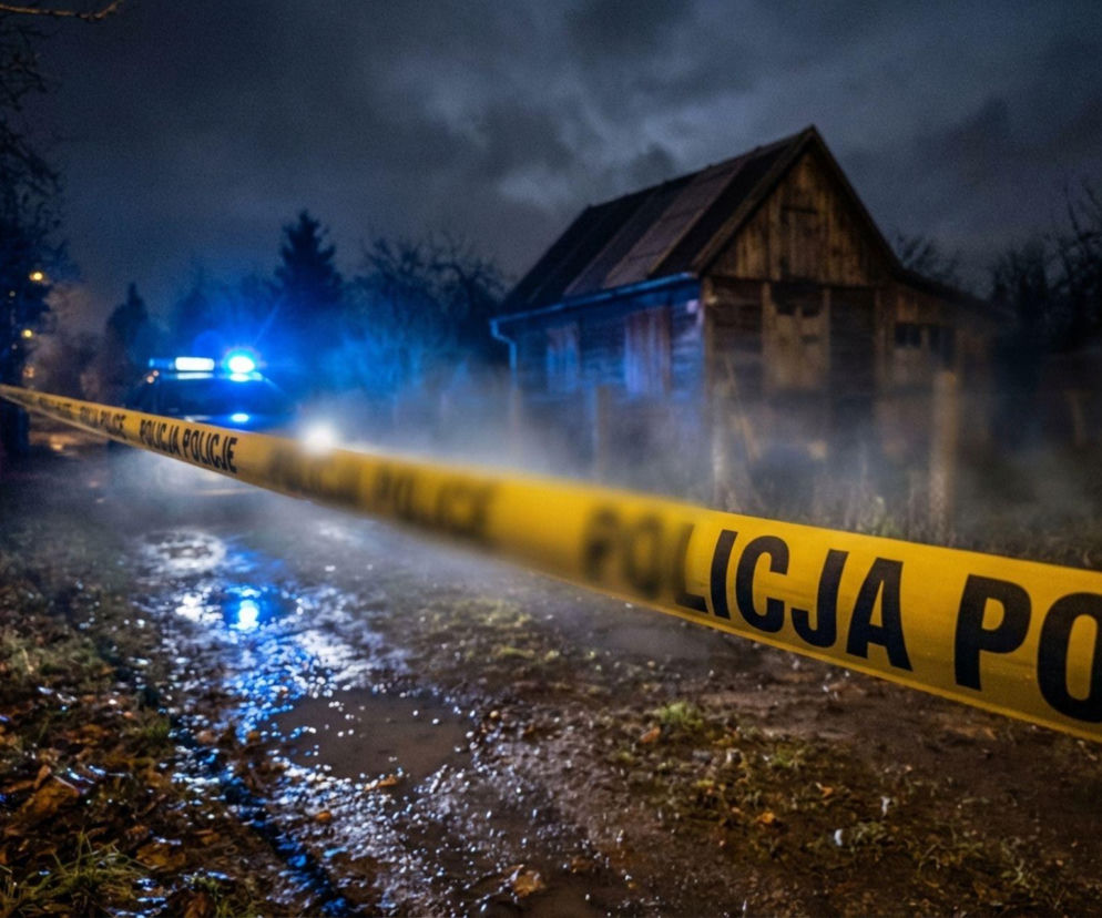 Taśma policyjna na miejscu zdarzenia w nocy.