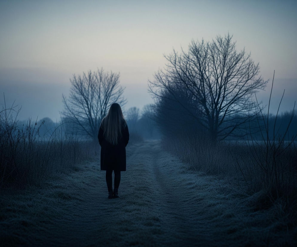 Kobieta z długimi, jasnymi włosami, ubrana w ciemny płaszcz i legginsy, stoi tyłem do widza na środku leśnej ścieżki, patrząc w głąb obrazu. Ścieżka pokryta jest szronem i otoczona po obu stronach wysokimi, suchymi trawami i krzewami, również oszronionymi. W tle widać dwa duże drzewa pozbawione liści, a dalej horyzont ginie w jasnej mgle, która rozmywa kontury ciemnych drzew i lasu. Cała scena utrzymana jest w chłodnych odcieniach błękitu i szarości, sugerując zimowy poranek lub zmierzch.