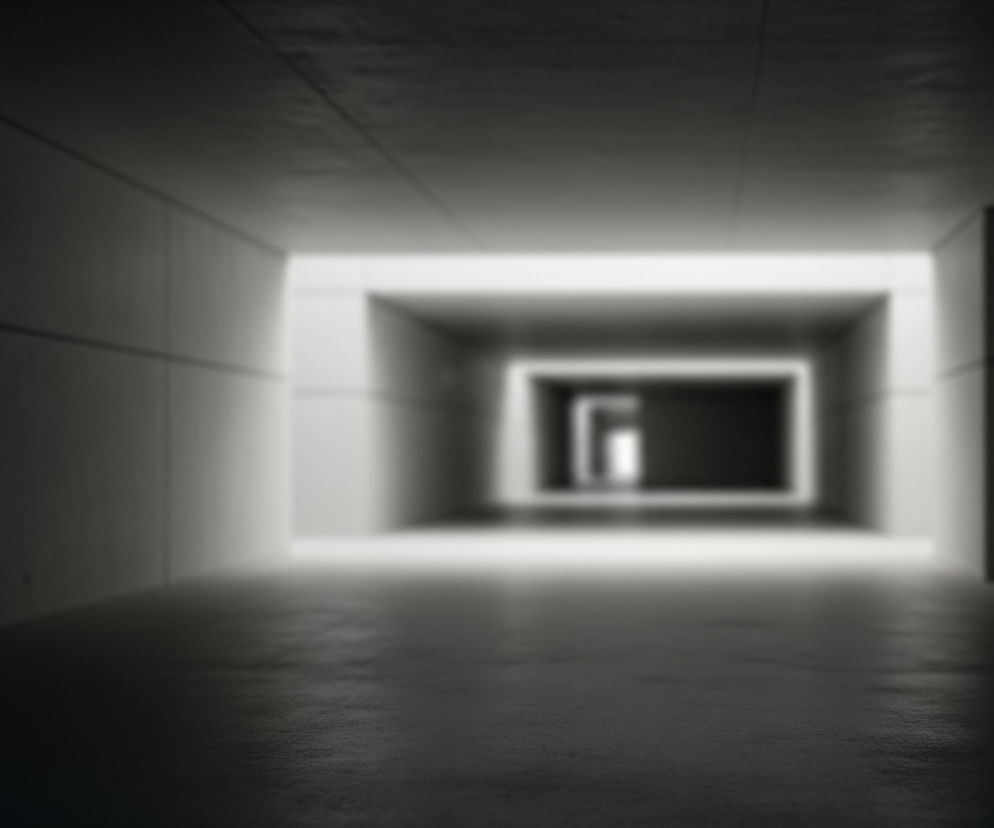 Długi, prosty korytarz z gładkimi, betonowymi ścianami rozciąga się w głąb obrazu. Ściany pokrywają kwadratowe, poziome panele w odcieniach szarości, stwarzające wrażenie modułowej konstrukcji. Głęboki kontrast światła i cienia rozświetla jedynie odległy koniec korytarza, gdzie kolejne, mniejsze, prostokątne otwory tworzą złudzenie nieskończonej perspektywy. Podłoga odbija światło, ukazując delikatną teksturę powierzchni, natomiast bliski plan jest rozmyty i stopniowo jaśnieje ku centralnej części.