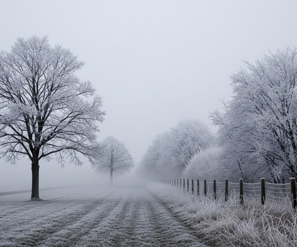 Samotne drzewo o ciemnym pniu i gęstej koronie pokrytej szronem dominuje po lewej stronie kadru. Cały krajobraz jest zasnuty mgłą, która nadaje mu jednolicie szary, zimny odcień. Droga lub ścieżka z wyraźnymi śladami kół ciągnie się w głąb obrazu, znikając w oddali pośrodku. Po prawej stronie widać rząd drzew i krzewów gęsto pokrytych szronem, a wzdłuż drogi biegnie siatkowe ogrodzenie wsparte na drewnianych słupkach, z kępami oszronionej trawy przy jego podstawie.
