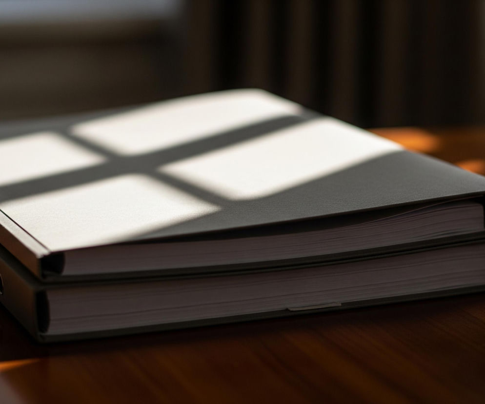 Na drewnianym, błyszczącym blacie stołu leżą dwa identyczne, ciemnoszare segregatory, ułożone jeden na drugim. Na wierzchnim segregatorze widoczne są wyraźne cienie w kształcie prostokątów i linii, tworzące geometryczny wzór, z jaśniejszymi fragmentami, które odbijają światło. Tło jest ciemne i rozmazane, z widocznymi pionowymi pasami tkaniny, prawdopodobnie zasłony. Dominują barwy brązowe, szare i beżowe, z mocnymi kontrastami światła i cienia.